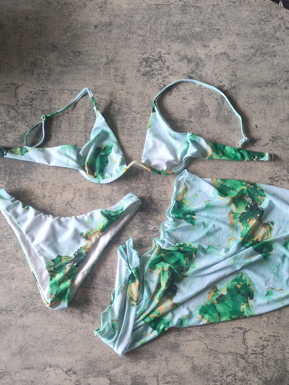 Green, Gold & Mint Marbled Print Bikini Set with Sarong